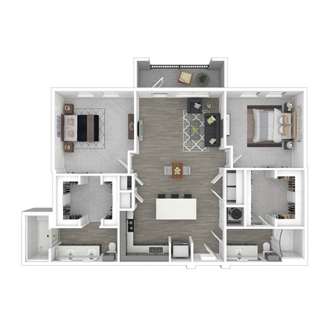 A floor plan of a house with a central open space and rooms surrounding it.